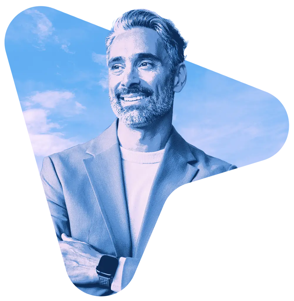 Confident Business Leader Embracing AI Impact Confident businessman stands prepared to leverage AI technology to drive measurable business impact and innovation.
