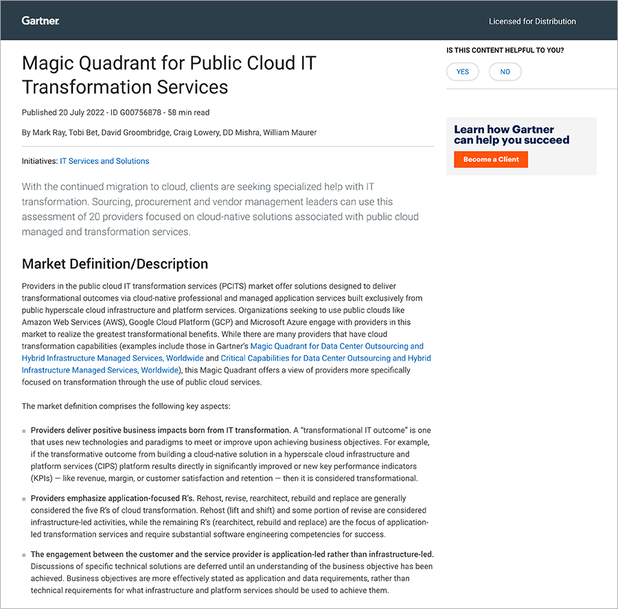 2022 Gartner® Magic Quadrant™ for Public Cloud IT Transformation Services
