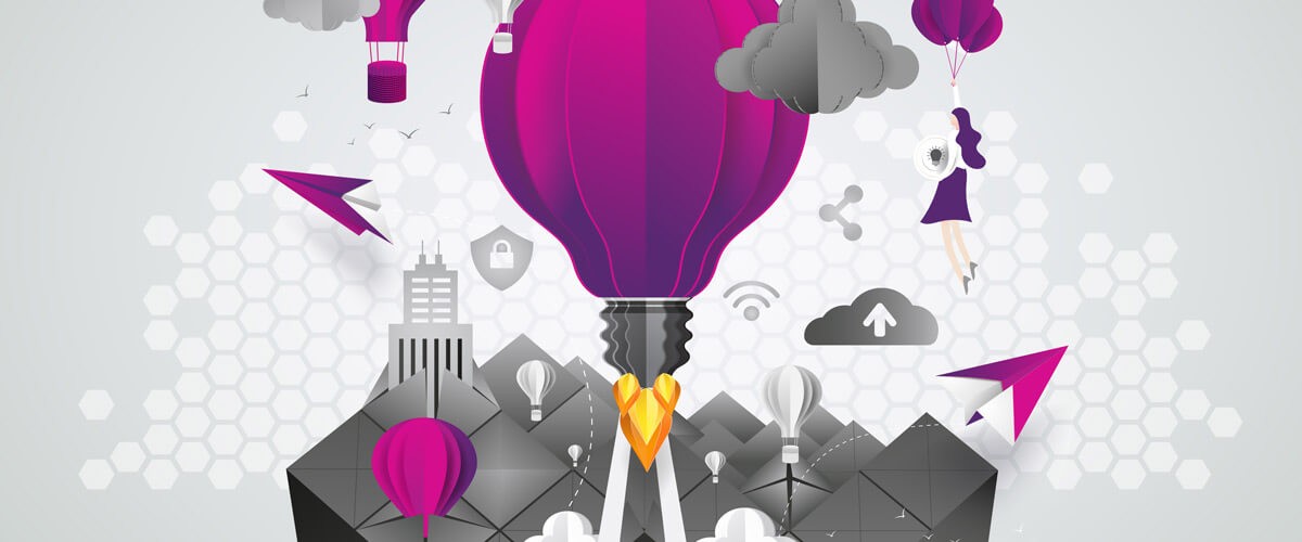 Rendering of block based hot air balloon raising to sky. IT partner, solutions integrator