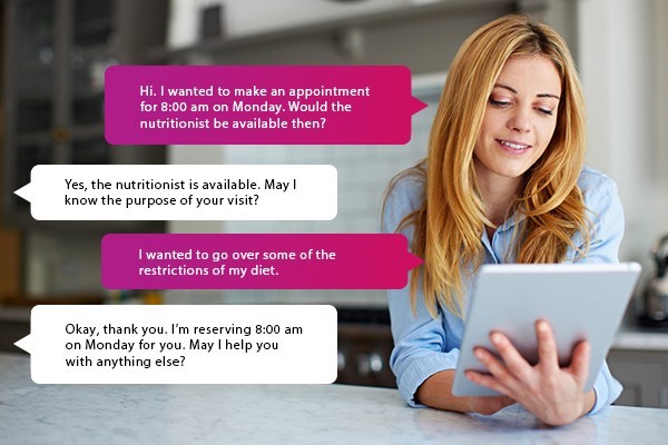 Woman communicates with retail representative using mobile chat agent