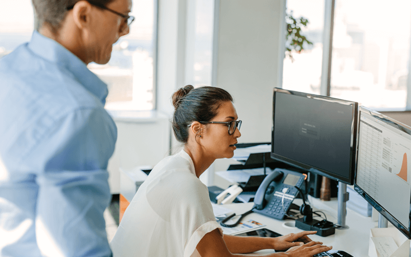 Customer solutions representative talking with client